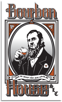 Bourbon House SLC logo: a bearded Victorian gentleman sipping whiskey, framed by ornate lettering