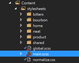 Visual Studio solution explorer with main.scss selected inside a stylesheets folder